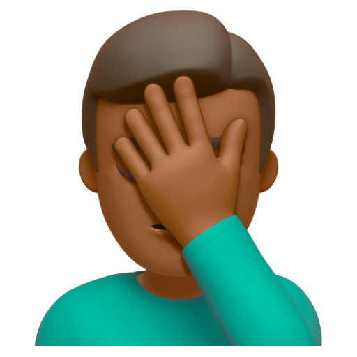 Emoji Người đàn ông lấy tay che mặt: màu da tối trung bình 🤦🏾‍♂ dạng 3D