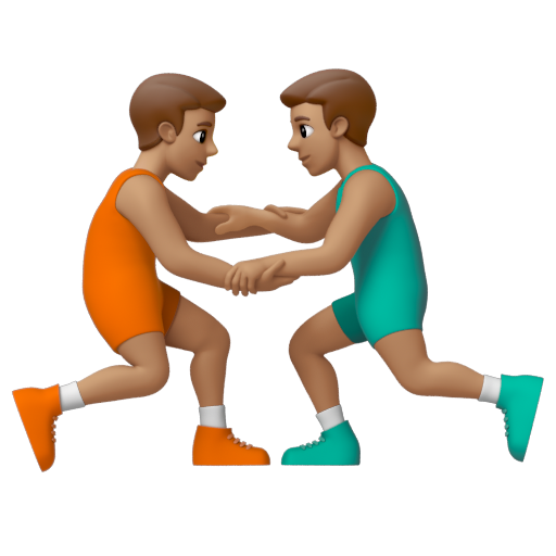 Emoji Những người đàn ông chơi vật: màu da trung bình 🤼🏽‍♂ dạng 3D