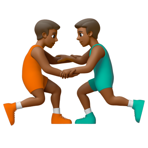 Emoji Những người đàn ông chơi vật: màu da tối trung bình 🤼🏾‍♂ dạng 3D