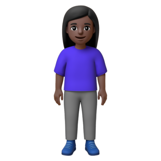 Emoji Người phụ nữ đứng: màu da tối 🧍🏿‍♀ dạng 3D
