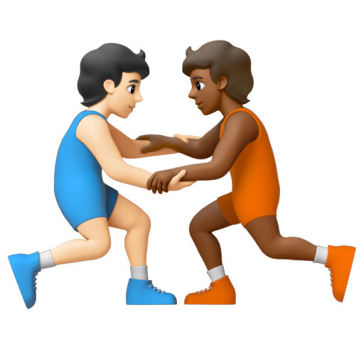 Emoji Người chơi vật: màu da sáng, màu da tối trung bình 🧑🏻‍🫯‍🧑🏾 dạng 3D