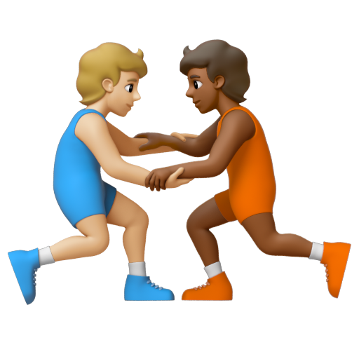 Emoji Người chơi vật: màu da sáng trung bình, màu da tối trung bình 🧑🏼‍🫯‍🧑🏾 dạng 3D