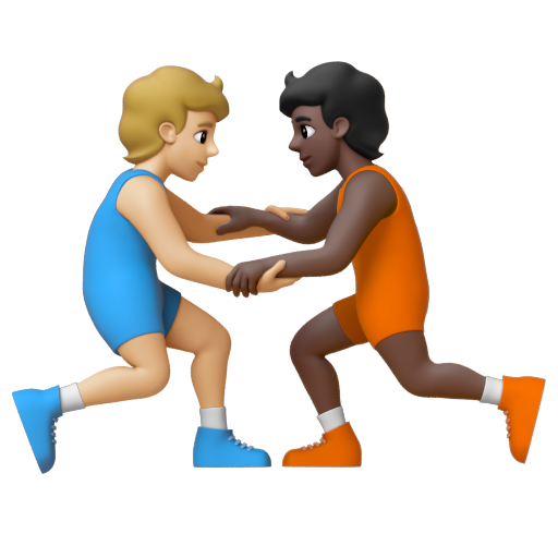 Emoji Người chơi vật: màu da sáng trung bình, màu da tối 🧑🏼‍🫯‍🧑🏿 dạng 3D