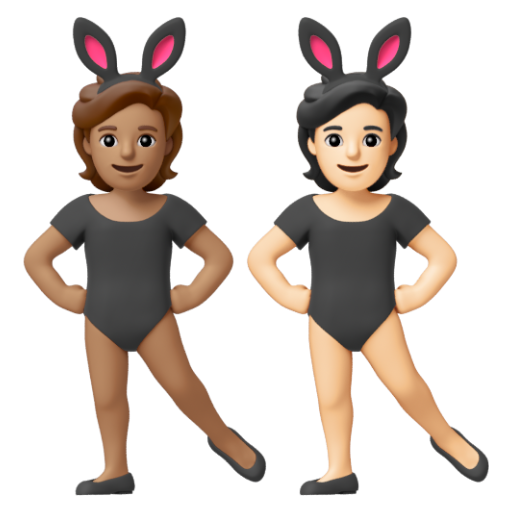 Emoji Những người đeo tai thỏ: màu da trung bình, màu da sáng 🧑🏽‍🐰‍🧑🏻 dạng 3D