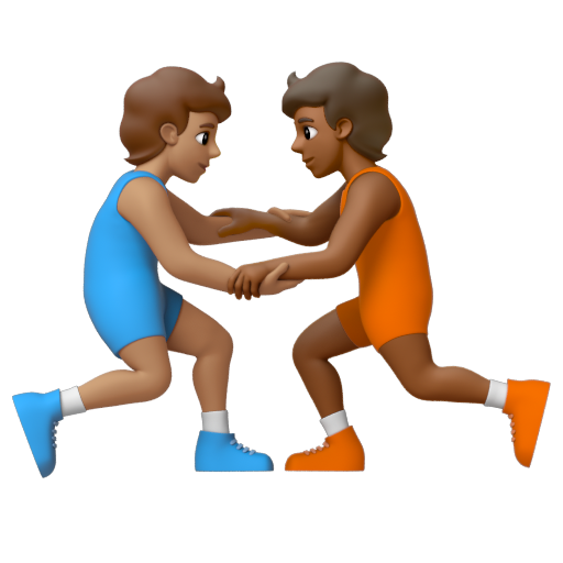 Emoji Người chơi vật: màu da trung bình, màu da tối trung bình 🧑🏽‍🫯‍🧑🏾 dạng 3D