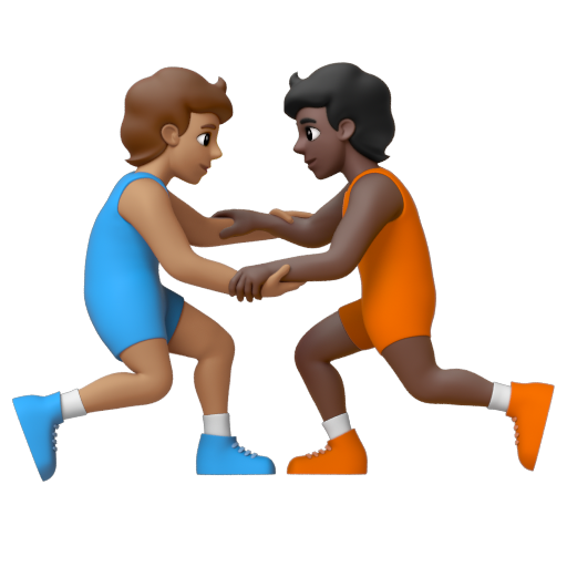 Emoji Người chơi vật: màu da trung bình, màu da tối 🧑🏽‍🫯‍🧑🏿 dạng 3D