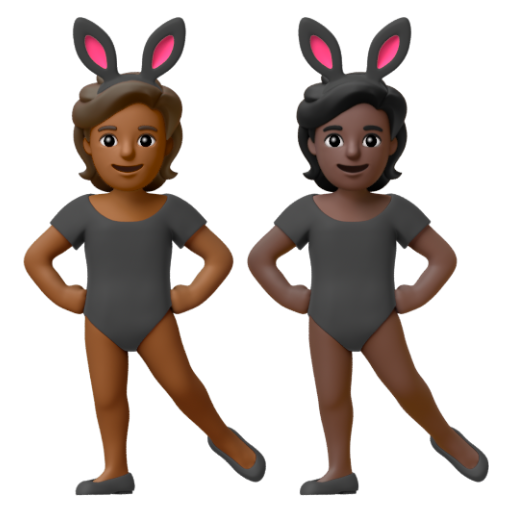 Emoji Những người đeo tai thỏ: màu da tối trung bình, màu da tối 🧑🏾‍🐰‍🧑🏿 dạng 3D