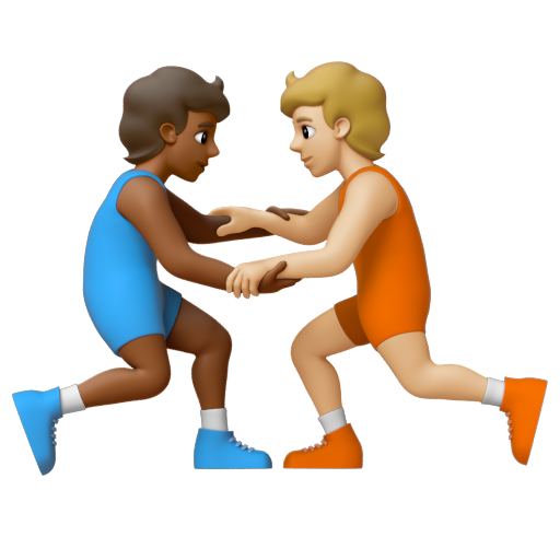 Emoji Người chơi vật: màu da tối trung bình, màu da sáng trung bình 🧑🏾‍🫯‍🧑🏼 dạng 3D