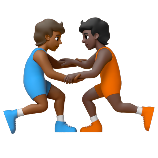 Emoji Người chơi vật: màu da tối trung bình, màu da tối 🧑🏾‍🫯‍🧑🏿 dạng 3D