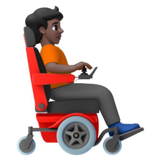 Emoji Người trên xe lăn điện: màu da tối, hướng sang phải 🧑🏿‍🦼‍➡ dạng 3D