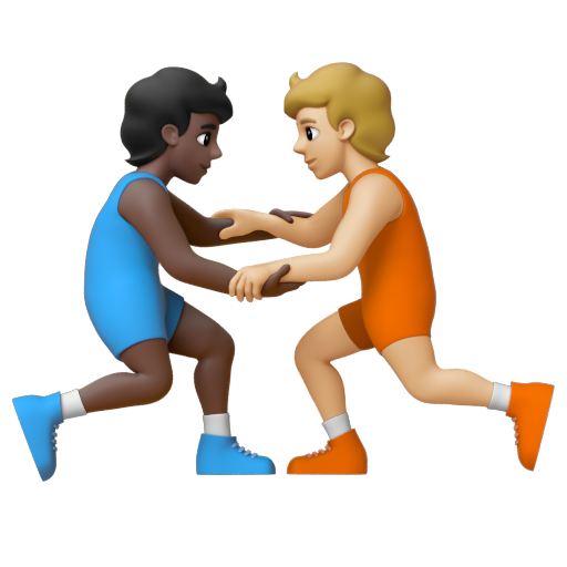 Emoji Người chơi vật: màu da tối, màu da sáng trung bình 🧑🏿‍🫯‍🧑🏼 dạng 3D