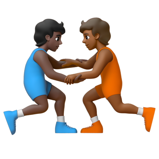Emoji Người chơi vật: màu da tối, màu da tối trung bình 🧑🏿‍🫯‍🧑🏾 dạng 3D