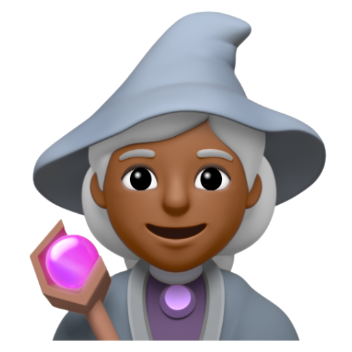Emoji Pháp sư nữ: màu da tối trung bình 🧙🏾‍♀ dạng 3D