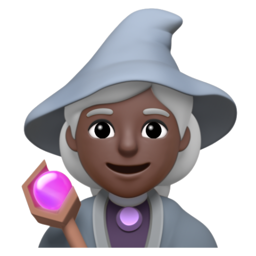 Emoji Pháp sư nữ: màu da tối 🧙🏿‍♀ dạng 3D