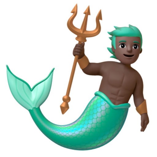 Emoji Chàng tiên cá: màu da tối 🧜🏿‍♂ dạng 3D