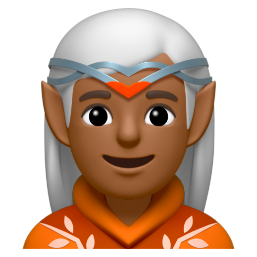 Emoji Yêu ma: màu da tối trung bình 🧝🏾 dạng 3D